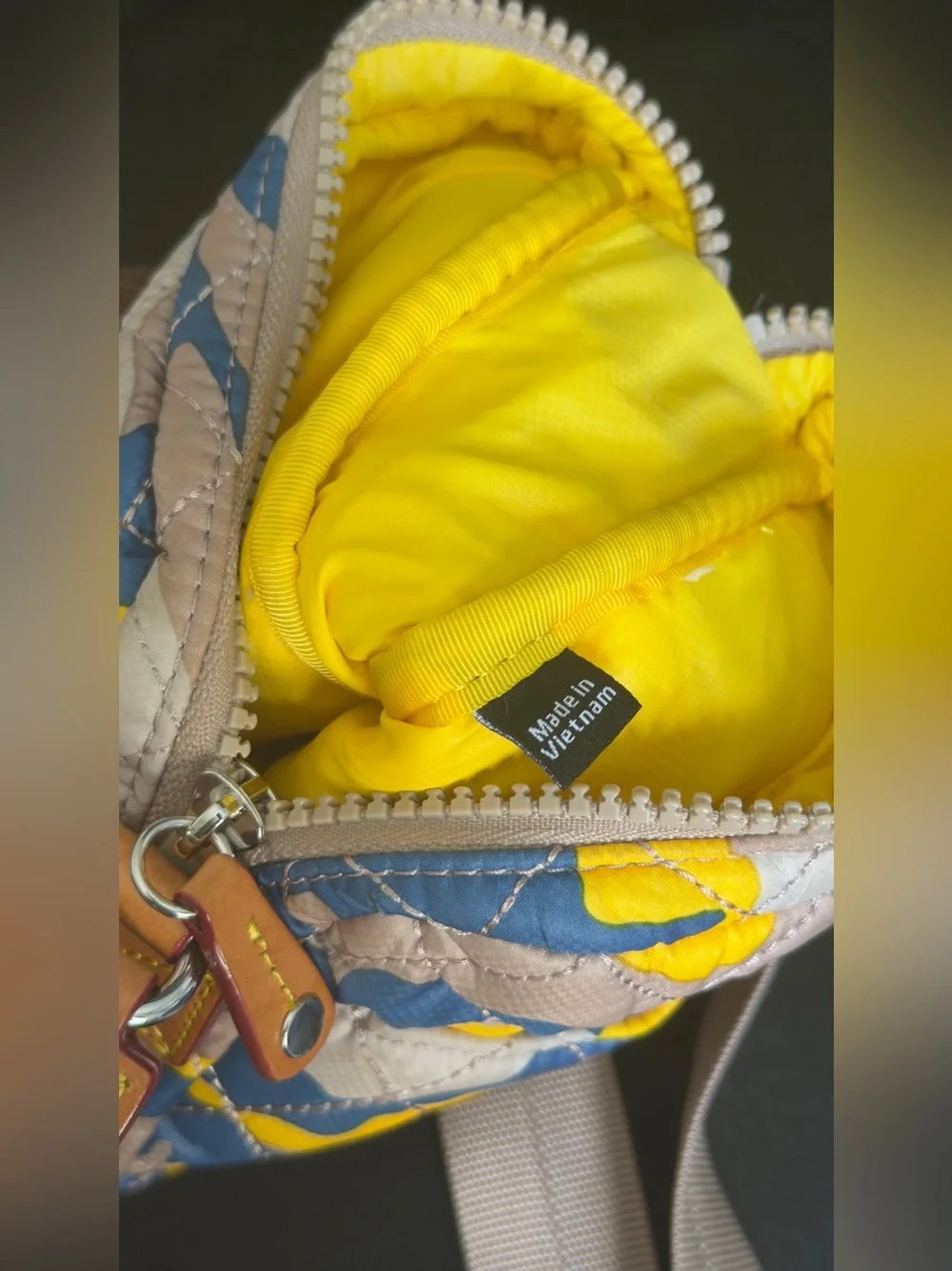 MZ Wallace Metro Crossbody Bag Spring Camo Quilted Nylon Yellow Blue Phone Pouch